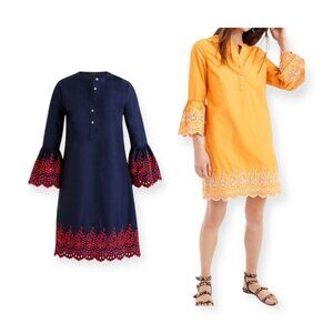 J. Crew Eyelet Bell Sleeve Navy Cotton Dress, Size XS, Embroideries